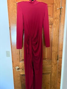 Ruched Long-Sleeve Maxi Dress in Wine Red